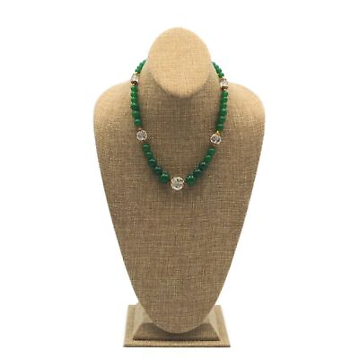 #ad Czechoslovakia Brass Graduated Green Carved Clear Glass Bead Necklace 18 Inch $56.50