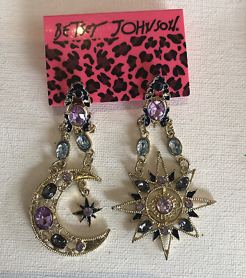 #ad Earrings betsey johnson Crescent Moon Star Pink Blue Crystal Dangle new $28.00
