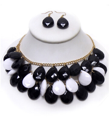 #ad Black and White Multi Teardrop Triple Layer Statement Necklace and Earrings Set $20.95