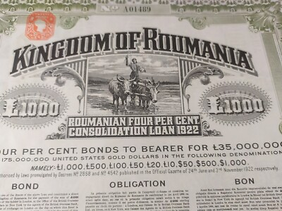 #ad Romania 1922 Kingdom Roumania 1000 Sterling Gold Coupons Bond Loan Obligation $240.00