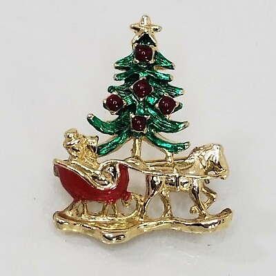 #ad Christmas Tree Sleigh Brooch Gold Tone 1.5quot; Horse Drawn Carriage Jewelry Pin $15.39