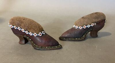 #ad Great pair of Antique Victorian Bead Decorated Leather Shoe Shaped Pin Cushions $379.00