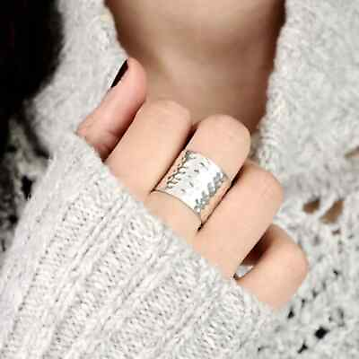 #ad Long Large Hammered Wide Band New 925 Silver Tube Ring Cuff Ring Wide Band Boho $12.79