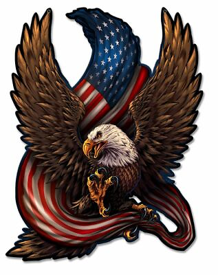 #ad BALD AMERICAN EAGLE FLYING US FLAG 17quot; HEAVY DUTY USA MADE METAL HOME DECOR SIGN $82.50