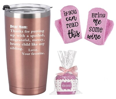 Gift Set for Mom 20 oz. Tumbler in Rose Gold with Wine Socks Metal Straw and Cl $17.99