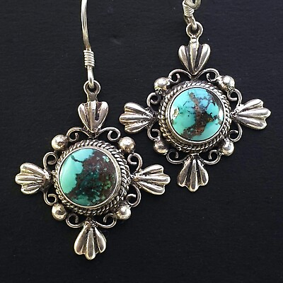 #ad 925 Sterling Silver Turquoise Stone Nepal Tibetan Petite Earrings Antique Ethnic $124.00
