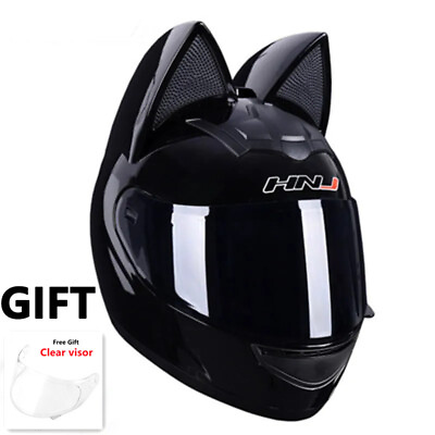 #ad Women Men Motorcycle Helmet Full Face Cat Ear Motor Helmet With Gift Clear Visor $89.90