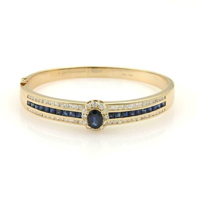 #ad Ladies Yellow Gold Plated Silver Oval Simulated Blue Sapphire Bangle Bracelet $188.13