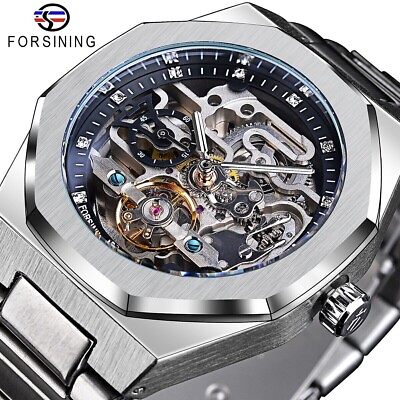 #ad FORSINING Skeleton Mechanical Automatic Men#x27;s Luxury Stainless Waterproof Watch $46.00
