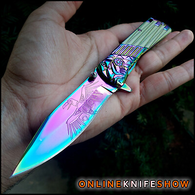 #ad RAINBOW BALD EAGLE Titanium Spring Assisted Open Blade Folding Pocket Knife NEW $21.95