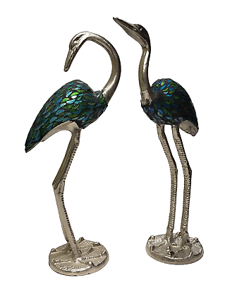 #ad Vintage Brewster Home Fashion Bird Figurines Cranes Cast Metal Blue Green Glass $39.95