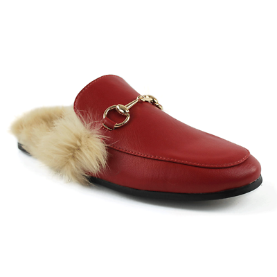 #ad RED Backless Mule Slip On Leather Fur Gold Buckle Loafers Shoes Slipper AZAR $69.00