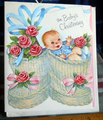 #ad VINTAGE BABY#x27;S CHRISTENING EMBOSSED LARGE GREETING CARD DIE CUT circa 1950 $9.27