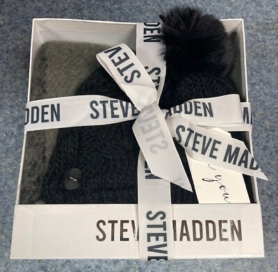 #ad Steve Madden Fringe Scarf amp; Beanie Set NEW IN BOX BLACK GREY Gift $24.99