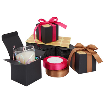 50 Pack Kraft Black Paper Gift Boxes Bulk Set with Ribbon and Stickers 3x3x3quot; $29.99
