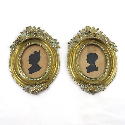 #ad Antique Pair Hollow Cut Silhouettes Portrait Miniatures of Children Brass Frames $385.00