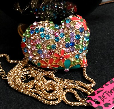 #ad NWT BETSEY JOHNSON Multi Color Enamel Rhinestone Puffy Heart Pendant Necklace $28.98