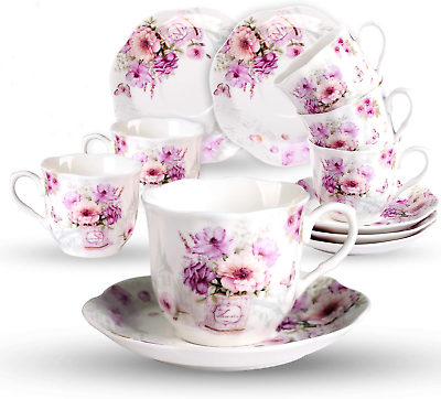 #ad China Tea Cups and Saucers Set of 6 7Ounce 200Ml Tea Gift Sets for Adults Pu $55.82