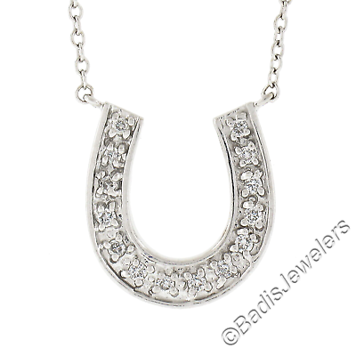 #ad 14k Gold .14ctw Round Pave Diamond Lucky Horseshoe Pendant w 16quot; Cable Chain $279.20