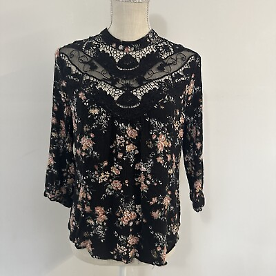 #ad By amp; By Size Large Black Floral Top Crochet Neckline 3 4 Sleeve Crepe High Neck $9.95