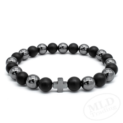 #ad Black Hematite amp; Natural Stone Beads Cross Bracelet Elastic Cord 7 Inches $11.99