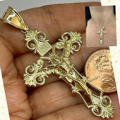 #ad GoLD Cross Jesus christ pendant 10k crucifix inri solid necklace Filigree 2.50quot; $517.49