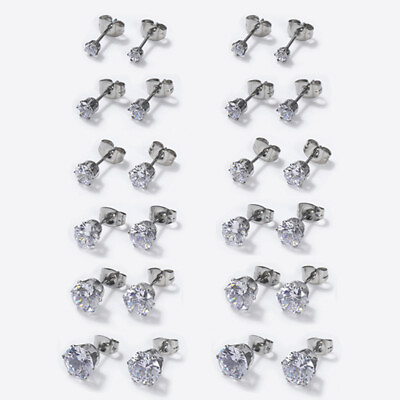 #ad 24pcs lot Stud Earrings Round Cubic Zirconia Stainless Steel Earrings Men Women $6.79