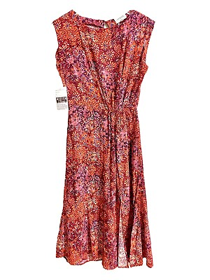 #ad 4Our Dreamers Anthropologie Red Floral Rayon Sun Dress High Slit SZ S New $47.20