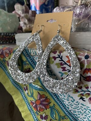 #ad 3” Silver Glitter Hoop Handmade Earrings Holiday gift Dangle Jewelry Accessory $4.99