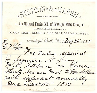 #ad 1889 Missisqoui Flouring Mill Feed Stetson amp; Marsh Enosburgh VT Billhead UU $16.00
