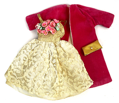 #ad Vintage Barbie Clone Doll Clothes Gold Lace Dress Pink Velvet Satin Lined Coat $120.00