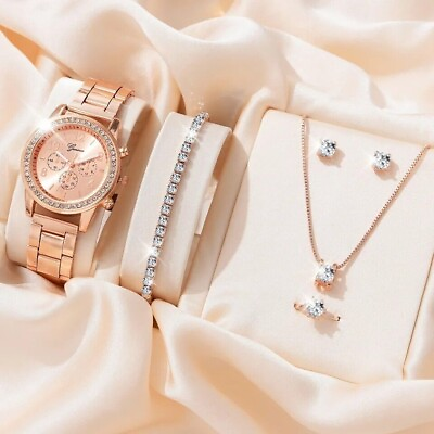 #ad Watch Gift Set for Women 5 Pieces Rose Crystal Bracelet Earrings Necklace Ring $19.99