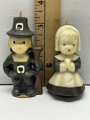 #ad vintage pilgrim boy and girl thanksgiving fall candles made by Gurley Made in US $10.99