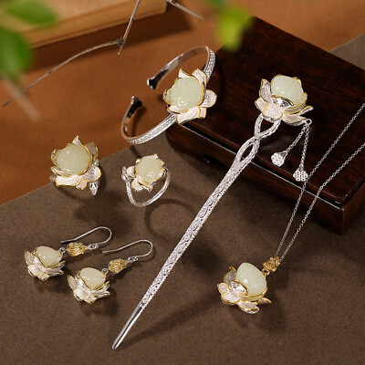 #ad #ad Jewelry Sets S925 Sterling Silver Hetian Jade Lotus Flower Earrings Ring Pendant $286.24