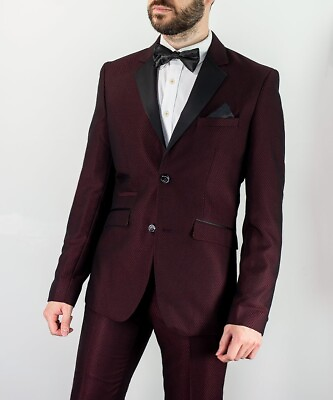 #ad Cavani 2 Piece Suit 38 Red Wine Mens Jacket Trouser Slim Fit Dinner Black Tie GBP 64.35