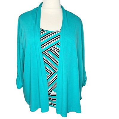 #ad Elementz Womens Size 3X Teal Grey White Black Striped Cardigan Tiered Top $25.19