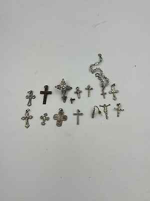 #ad Lot Of 12 Catholic Crosses Crucifix Necklace Pendant Mixed Metal Silver $12.95
