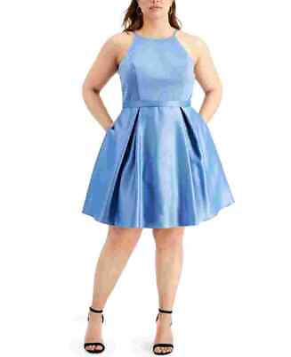 #ad City Studios Women#x27;s Trendy Plus Satin Skater Dress Blue Size 20W $27.50