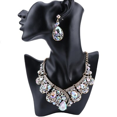 #ad Women Gold Plated Crystal Brides Prom Party Costume Necklace Earring Jewelry Set $11.99