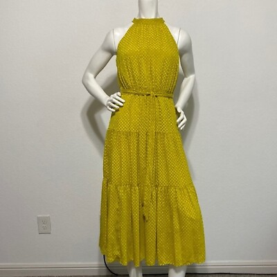 #ad Nanette Lepore Tiered Midi Dress Eve Green Yellow Sz 14 Belted Silky NWT$168 $44.99