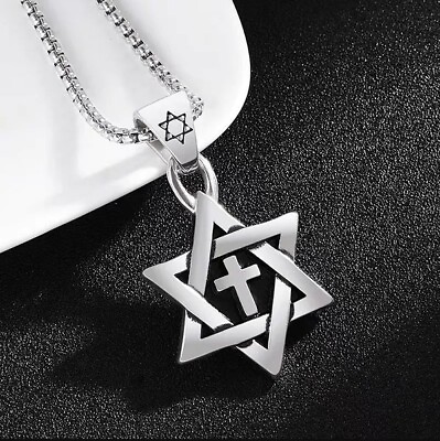 #ad Silver Jewish Star of David with Cross Necklace $9.74