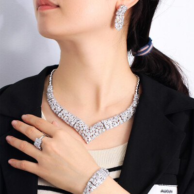 #ad Elegant Zircon Wedding Jewelry Set Silver Plated Necklace Bracelet Earrings Ring $35.92