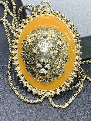#ad Goldtone three dimensional lion Head big cat enamelled Pendant Necklace 28” $24.20