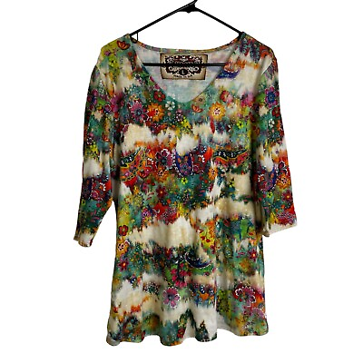 #ad Amma Design Womens Tunic Top Large Green Floral V Neck Colorful Multi Casual $24.95