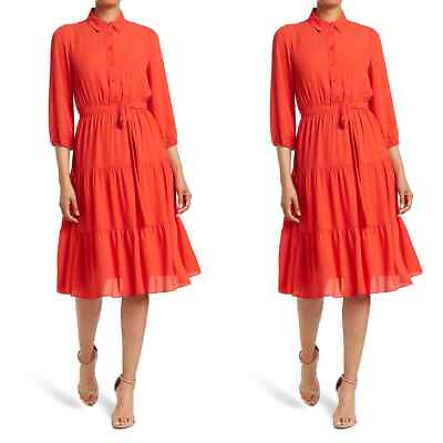 #ad NWT Nanette Lepore Tiered Tie Waist Shirtdress In Hot Coral SIZE 10 $49.99