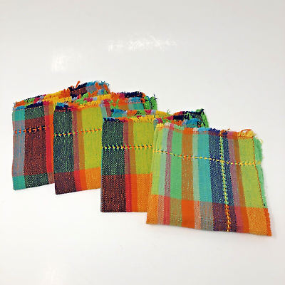 #ad Vintage Napkins Handwoven Cotton Madras Plaid Colorful Whipstitch Fringe 4 $14.99