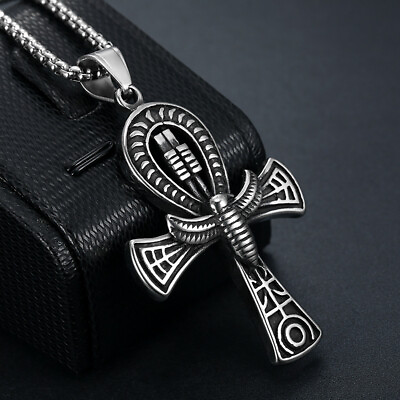 Mens Egyptian Ankh Cross Pendant Necklace Punk Jewelry Stainless Steel Chain 24quot; $11.99