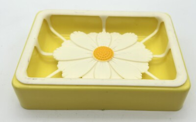 #ad Vintage Yellow Soap Dish w Insert White Daisy Flower MCM Retro Bathroom Decor $19.99