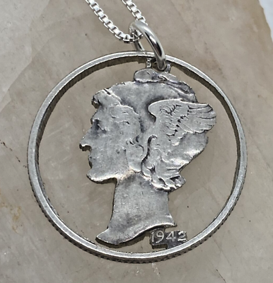#ad 1942 Mercury Dime 90% Silver Cut Out Pendant Sterling Silver 18#x27;#x27; Necklace 3g $24.18