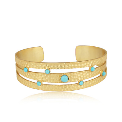 #ad 18k Gold Plated 925 Silver Turquoise Gemstone Hammered Design Cuff Bangle $101.66